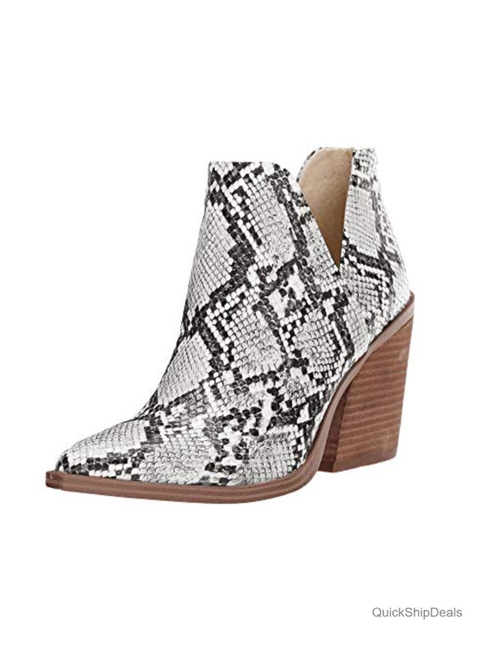 Faux Leather Slip On Ankle Booties Pointed Toe Chunky Heel V Cutout